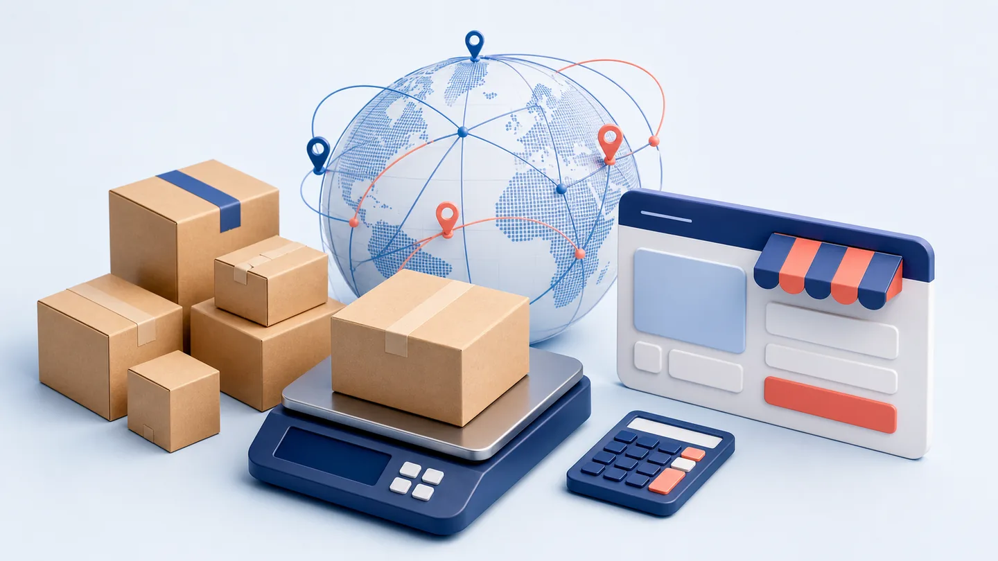 Parcels, a digital scale, a calculator, and global delivery routes illustrating cross-border shipping rate setup